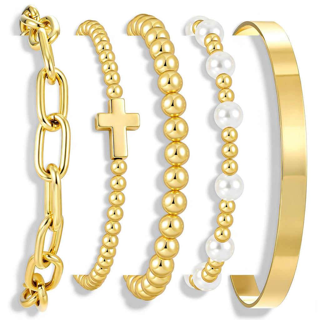 Gold Beaded Bracelet Set — 5 Pieces, Stretch Stack