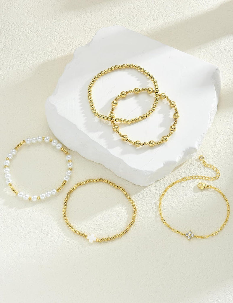 5 Pcs Beaded Bracelet Set for Women, 14K Gold Plated Stackable Stretch Bead Ball Bracelet Stack