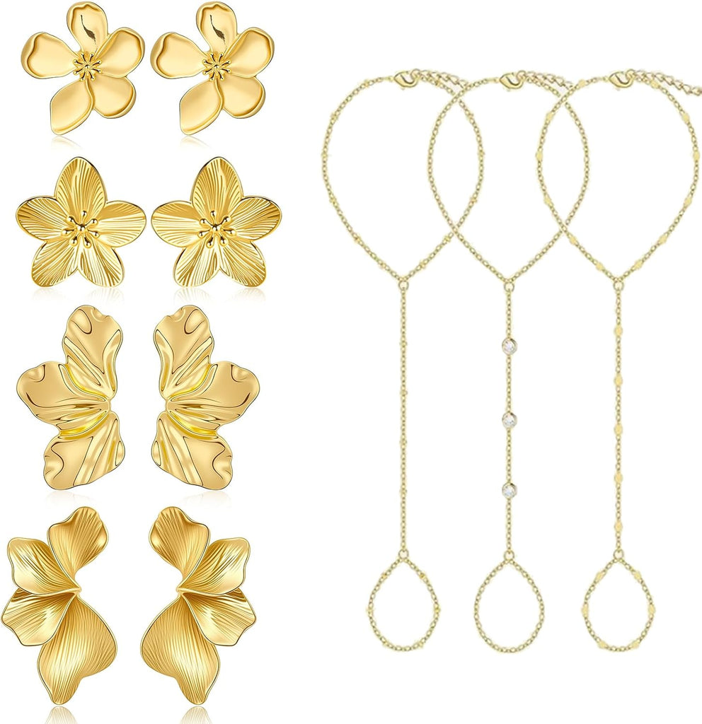 Hand Chain Bracelets & Flower Earrings — 7 Piece Set