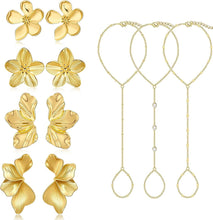 Load image into Gallery viewer, 3PCS Gold Hand Chain Bracelets and 4 Pairs Flower Earrings for Women, Stack Bracelets Set Adjustable, Trendy Dainty Ring Bracelet Hand Chain
