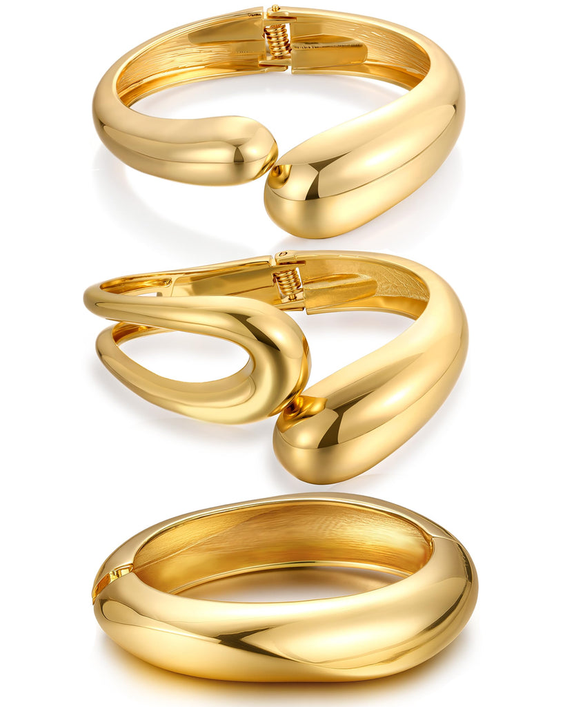 Chunky Gold Bangle Bracelets for Women, Dainty 14k Gold Plated Big Stackable Bangles Set, Trendy Statement Cuff Bracelet Stack Fashion Jewelry Gifts