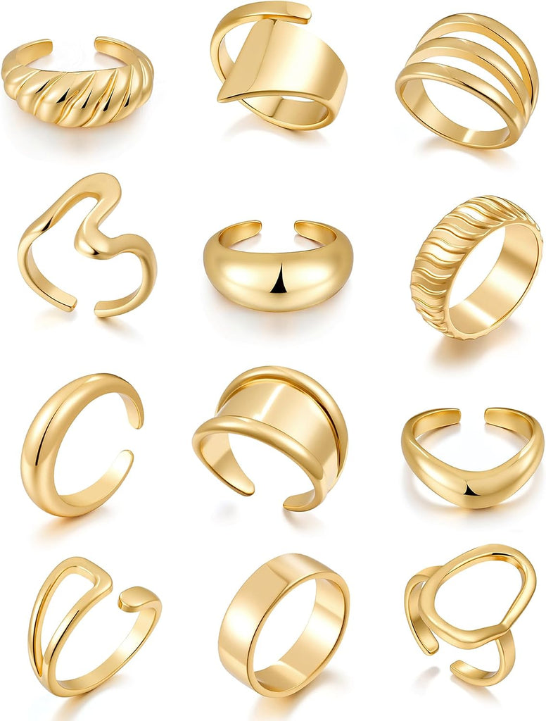 18K Gold Plated Stackable Rings - 12 PCS Open Knuckle Set for Women