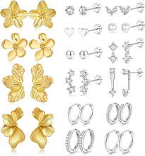 Load image into Gallery viewer, Gold Flower Statement Earrings for Women, 14K Gold Plated Large Irregular Leaf Drop Earrings, Big Chunky Dangle Floral Earrings Set for Gift
