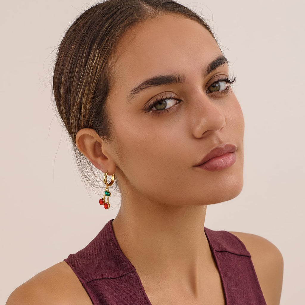 Gold Cherry Earrings For Women Lightweight Fruit Cherry Dangle – view 3