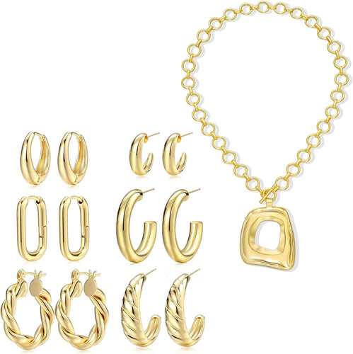 Gold Hoop Earrings & Chunky Necklace — 14K Plated Set