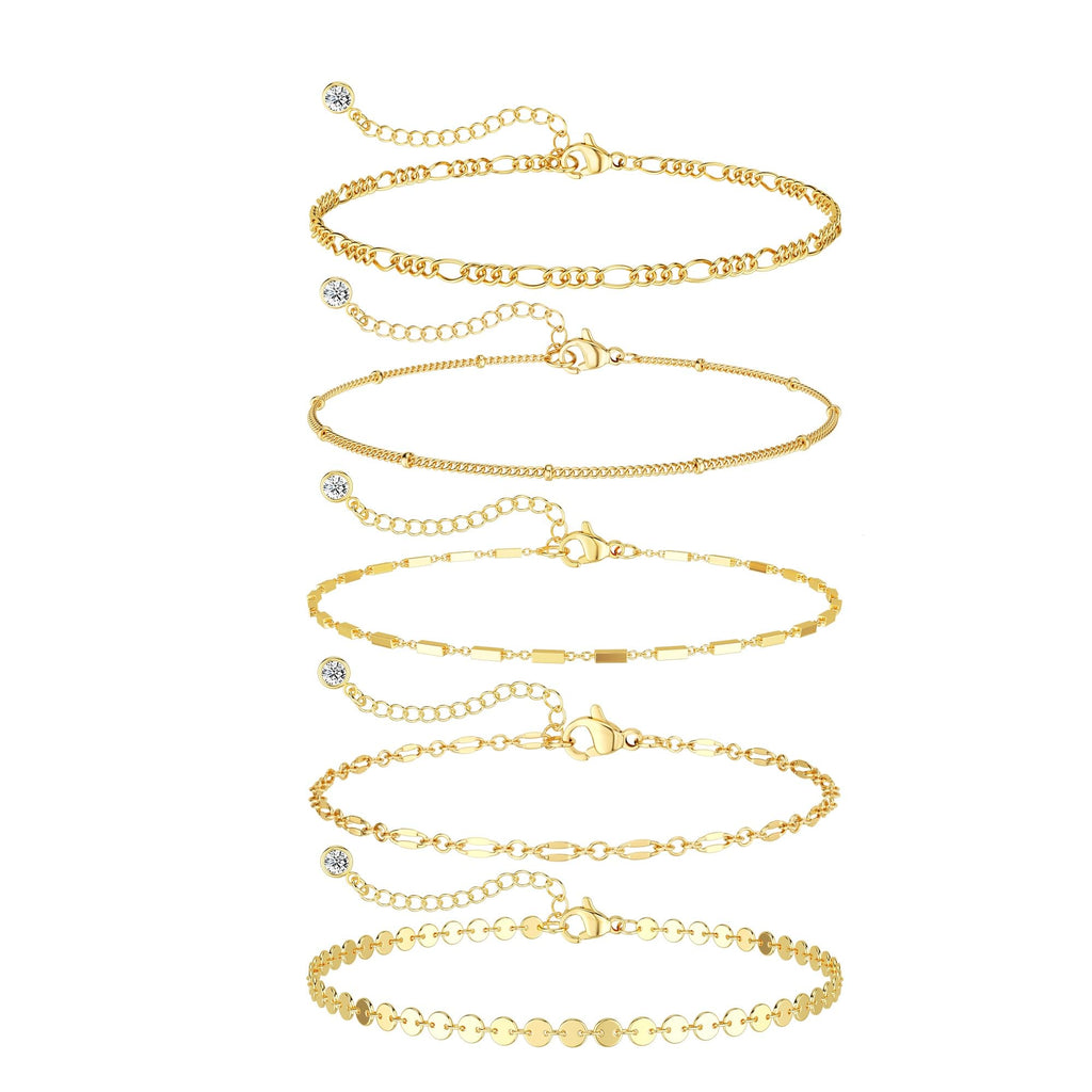 Dainty Gold Bracelets for Women Waterproof, Stackable 14K Gold Plated Waterproof Rope Cuban Snake Paperclip Figaro Link