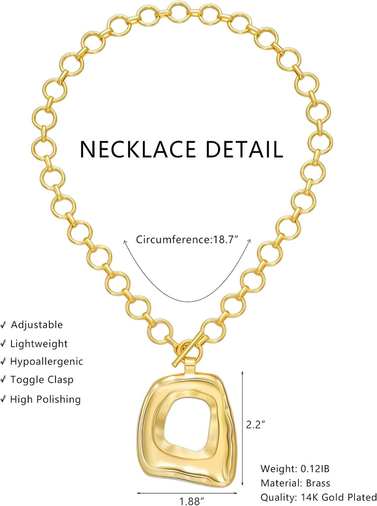 Chunky Gold Necklace for Women, 14K Gold Plated Boho Pendant Necklace