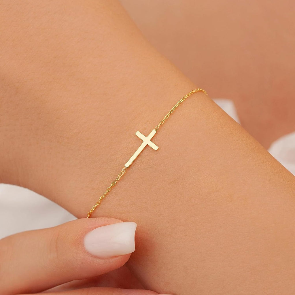 14K Gold-Plated Cross Bracelets for Women, Dainty Small Cross Link Chains Bracelets, Cute Tiny Bracelet Christian Religious Faith Jewelry Gifts