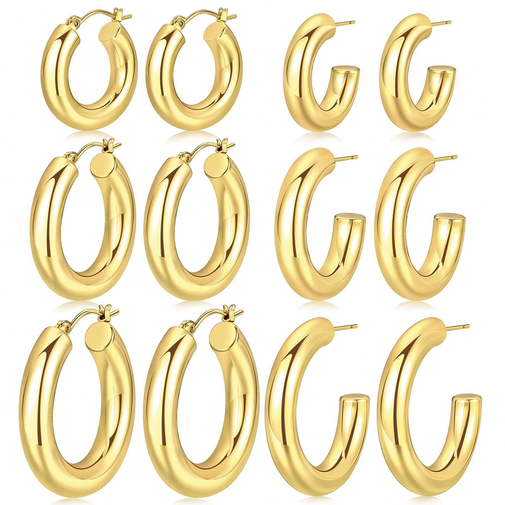 6 Pairs Simple Gold Hoop Earrings Set for Women Trendy, 14K Gold Plated Chunky Hollow Tube Hoops Earrings, Hypoallergenic Lightweight Large Hoops Jewelry 25/30/35mm