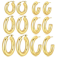 Load image into Gallery viewer, 6 Pairs Simple Gold Hoop Earrings Set for Women Trendy, 14K Gold Plated Chunky Hollow Tube Hoops Earrings, Hypoallergenic Lightweight Large Hoops Jewelry 25/30/35mm