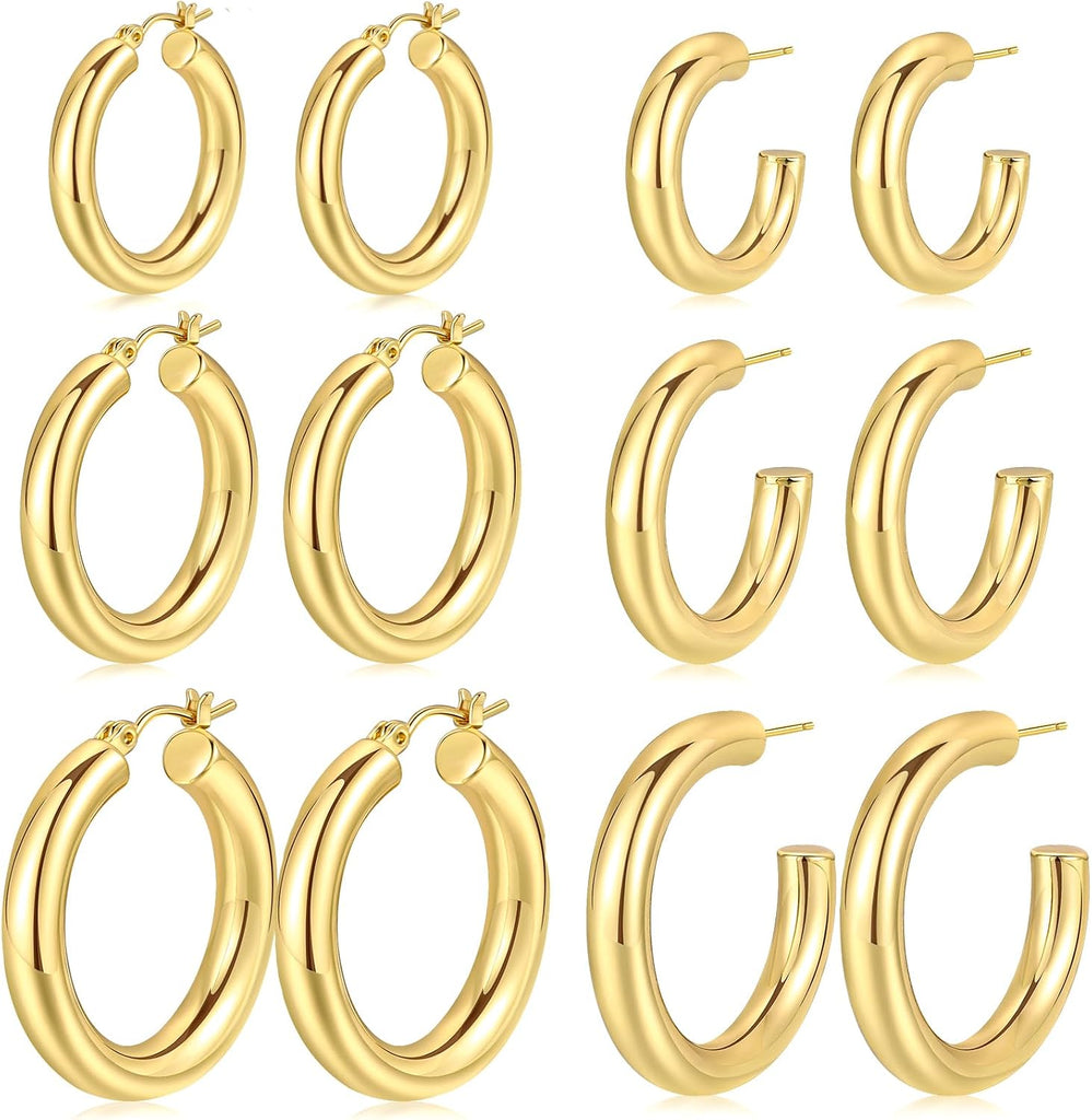 6 Pairs Simple Gold Hoop Earrings Set for Women Trendy, 14K Gold Plated Chunky Hollow Tube Hoops Earrings, Hypoallergenic Lightweight Large Hoops Jewelry 25/30/35mm