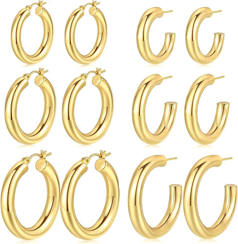 6 Pairs Simple Gold Hoop Earrings Set for Women Trendy, 14K Gold Plated Chunky Hollow Tube Hoops Earrings, Hypoallergenic Lightweight Large Hoops Jewelry 25/30/35mm