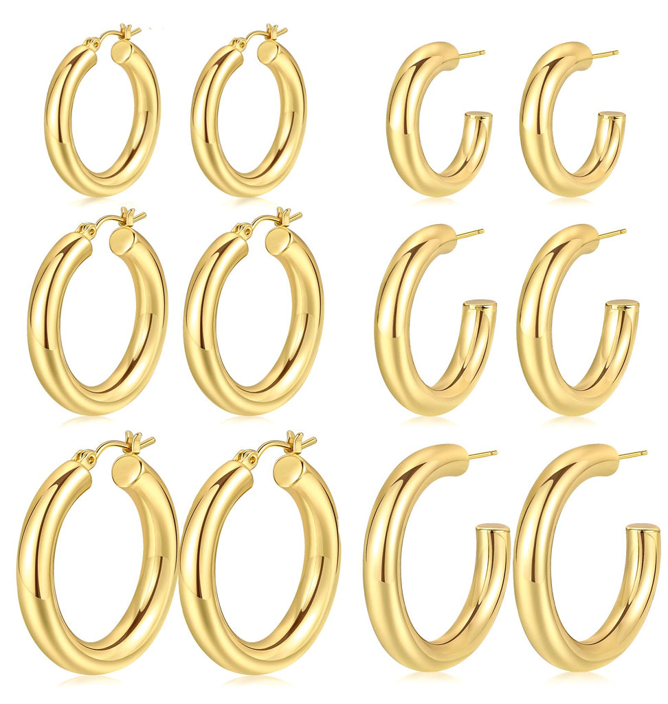 6 Pairs Simple Gold Hoop Earrings Set for Women Trendy, 14K Gold Plated Chunky Hollow Tube Hoops Earrings, Hypoallergenic Lightweight Large Hoops Jewelry 25/30/35mm