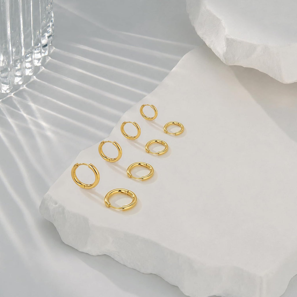 14K Gold Plated Huggie Hoop Earrings — Stacking Set, Hypoallergenic