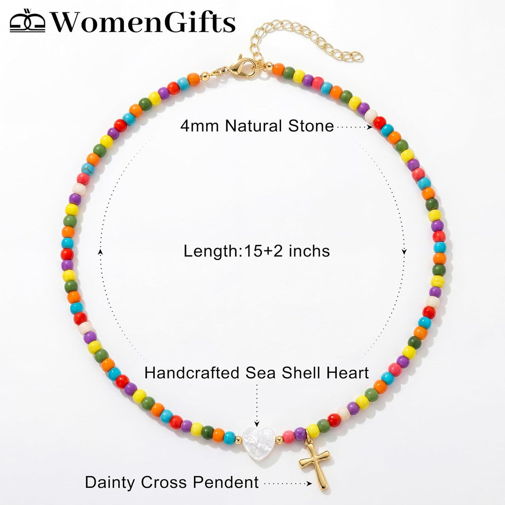 Colorful Beaded Cross Pendant Necklace, Trendy Heart Choker – view 6