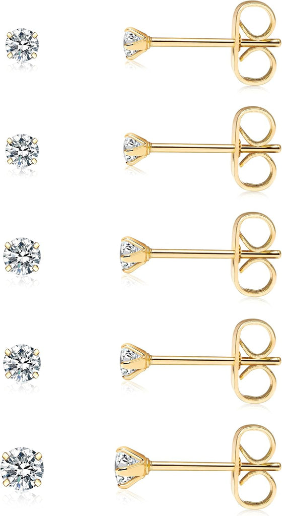 Mini CZ Stud Earrings — 5 Pair Set, 14K Gold Plated