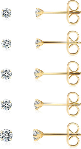 Mini CZ Stud Earrings — 5 Pair Set, 14K Gold Plated