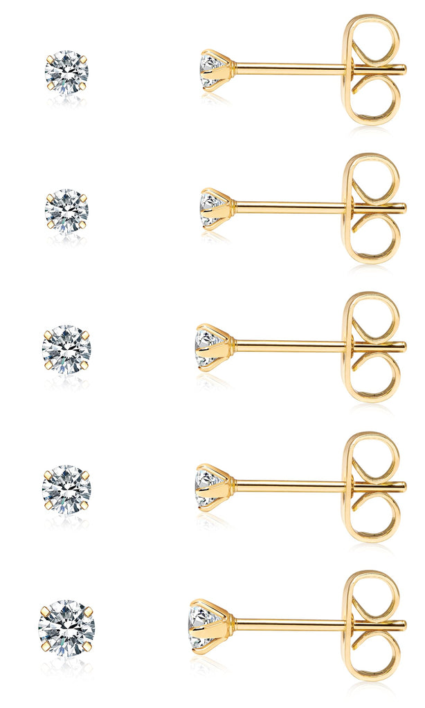 Mini CZ Stud Earrings — 5 Pair Set, 14K Gold Plated