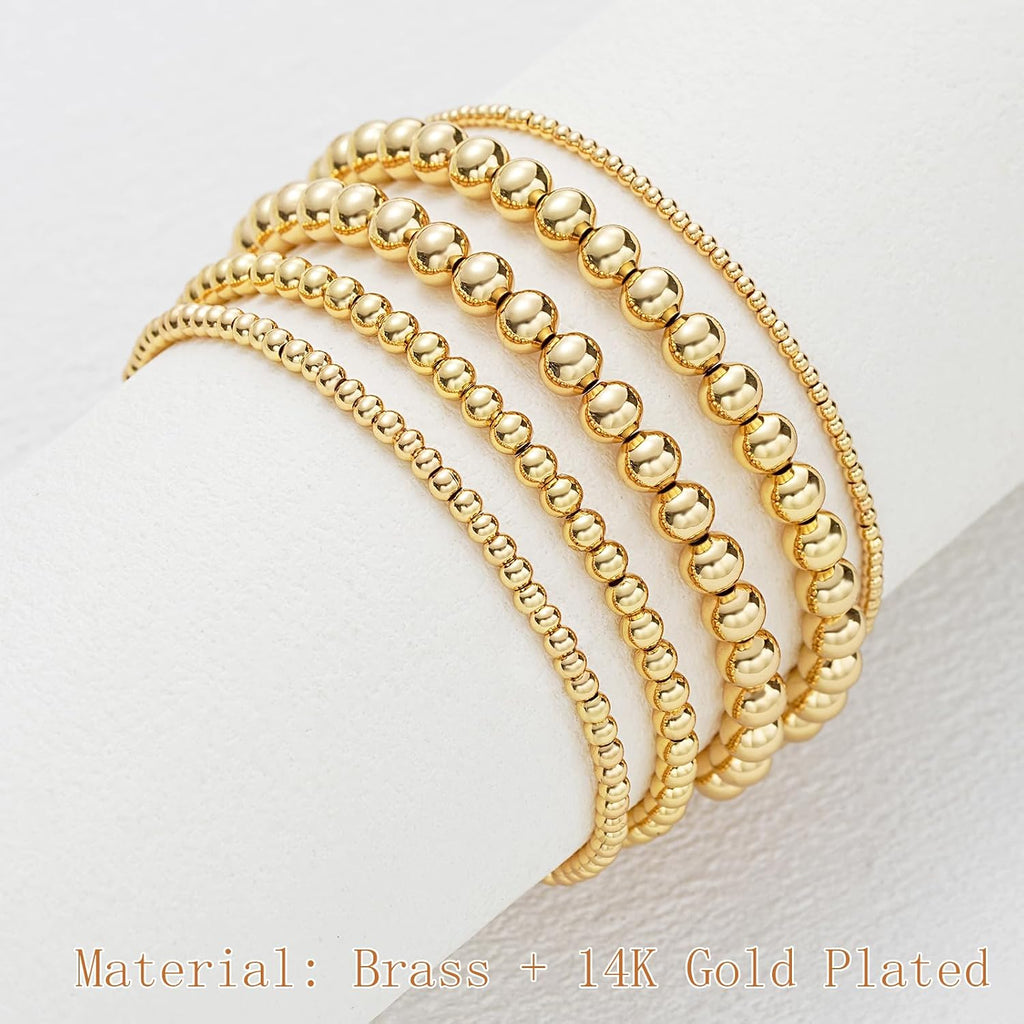 Gold Beaded Bracelets — 5 Pieces, 14K Plated Stretch