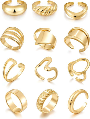 12-Piece Gold Stackable Ring Set — Open Knuckle, 18K
