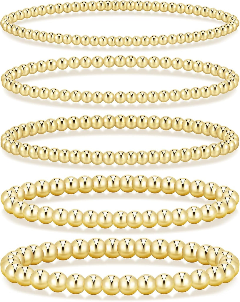 Gold Beaded Bracelets — 5 Pieces, 14K Plated Stretch