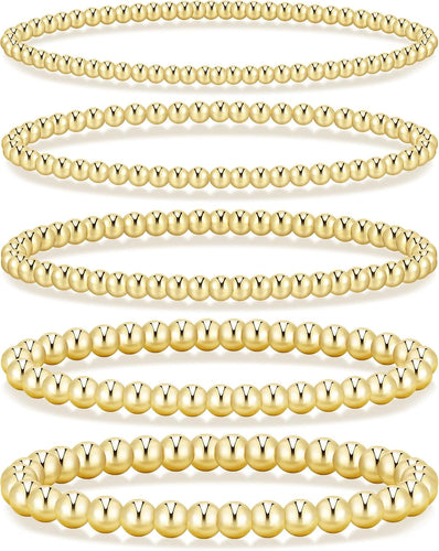 5 Pcs Gold Beaded Bracelets for Women, 14K Gold Plated Stretch Bracelet