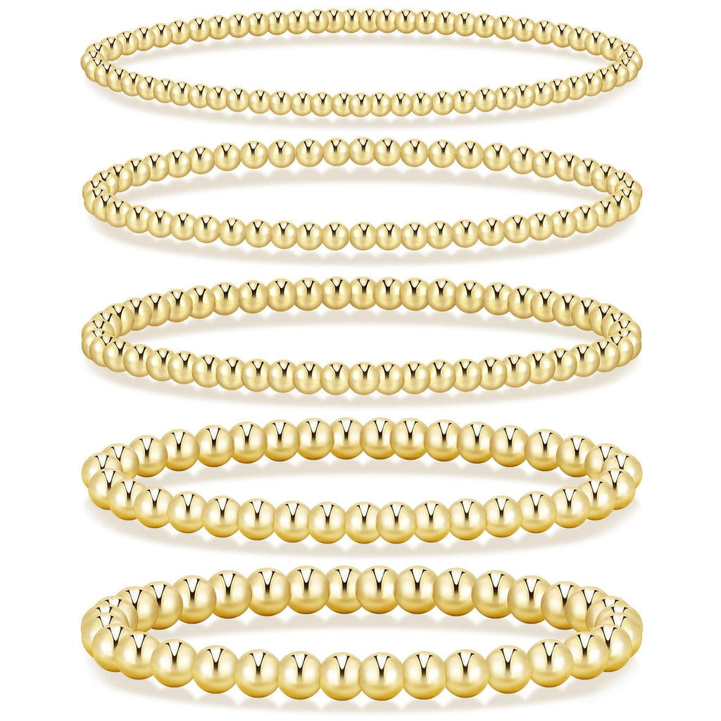 5 Pcs Gold Beaded Bracelets for Women, 14K Gold Plated Stretch Bracelet