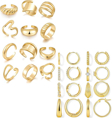 Gold Stacking Rings & Hoop Earrings — 20 Piece Set