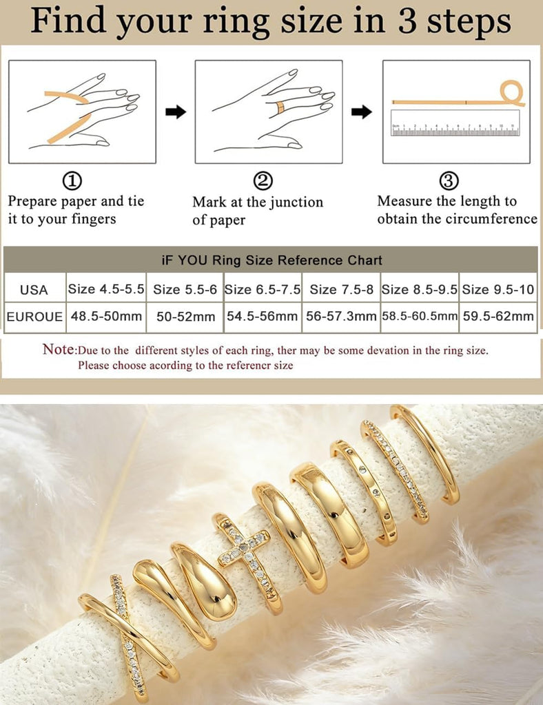 Non Tarnish Chunky Gold Rings for Women, 14K Gold Plated Dainty Stackable Cross Cubic Zirconia Ring Set, Knuckle Stacking Pinky Thumb Ring Statement Wedding Bands Jewelry Size 4.5-10