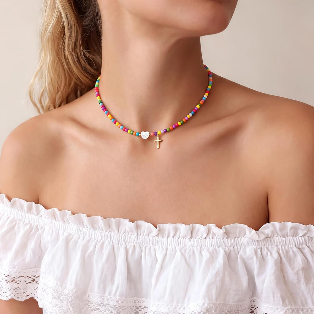 Colorful Beaded Cross Pendant Necklace, Trendy Heart Choker – view 5