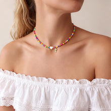 将图片加载到图库查看器，Colorful Beaded Cross Pendant Necklace, Trendy Heart Choker – view 5