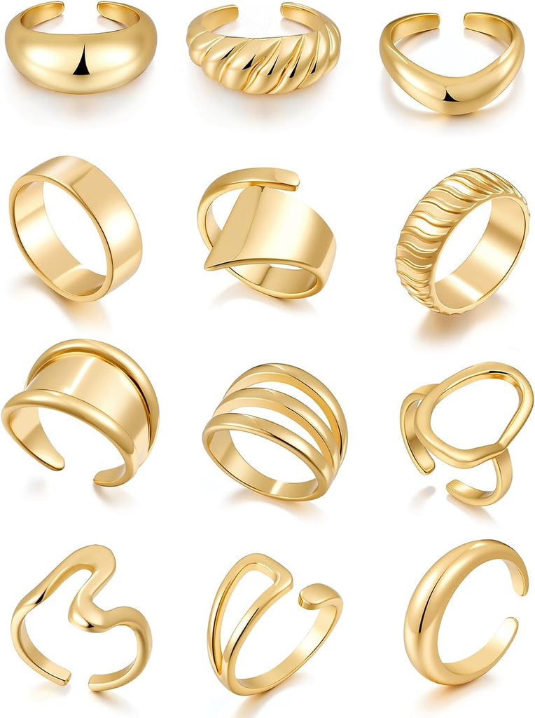 18K Gold Plated Stackable Ring Set with 12 PCS - Open Knuckle for Women