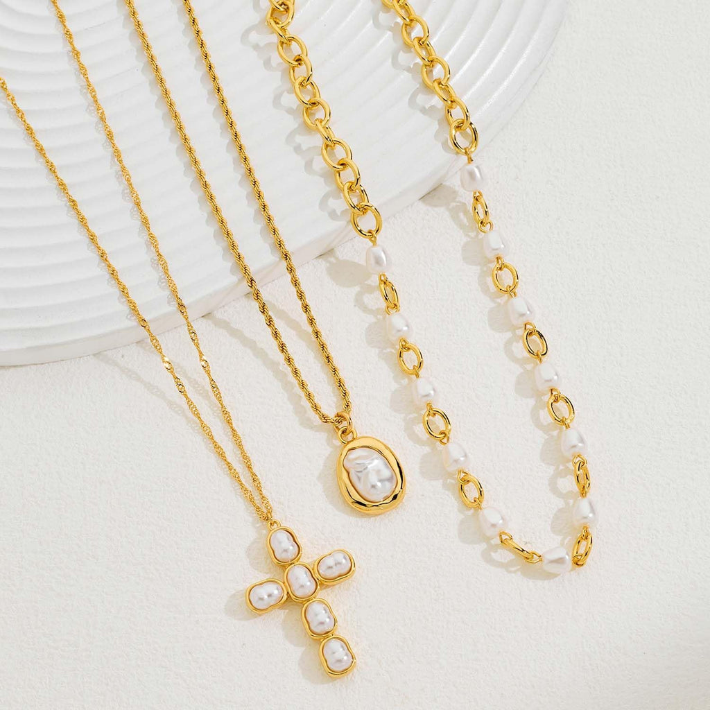 Gold Layered Cross Necklace for Women Pearl Multi Strand – view 4