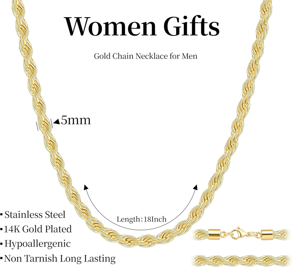 Rope Chain Necklace for Men Women, 316L Stainless Steel Twist Link Chain for Men, Gold Silver Black Tone, Hypoallergenic