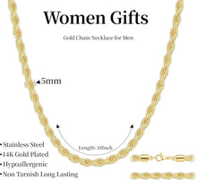 Load image into Gallery viewer, Rope Chain Necklace for Men Women, 316L Stainless Steel Twist Link Chain for Men, Gold Silver Black Tone, Hypoallergenic