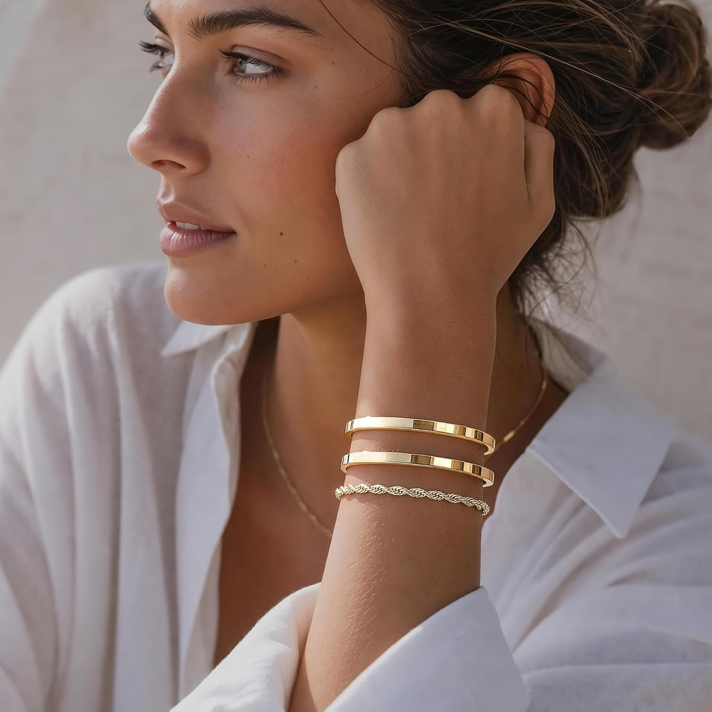 Gold Bracelets for Women Non Tarnish Dainty 14K Gold Plated Bangle Cuff Bracelets Stack for Women,Waterproof Stackable