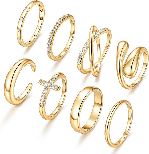 Non Tarnish Chunky Gold Rings for Women, 14K Gold Plated Dainty Stackable Cross Cubic Zirconia Ring Set, Knuckle Stacking Pinky Thumb Ring Statement Wedding Bands Jewelry Size 4.5-10