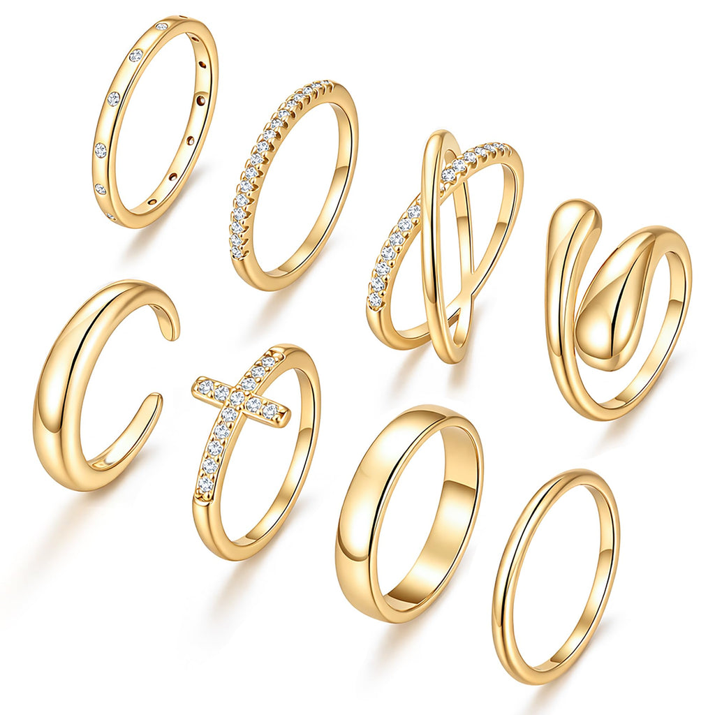 Non Tarnish Chunky Gold Rings for Women, 14K Gold Plated Dainty Stackable Cross Cubic Zirconia Ring Set, Knuckle Stacking Pinky Thumb Ring Statement Wedding Bands Jewelry Size 4.5-10