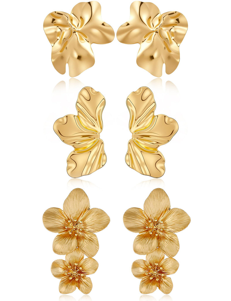 Gold Flower Statement Earrings for Women, 14K Gold Plated Irregular Floral