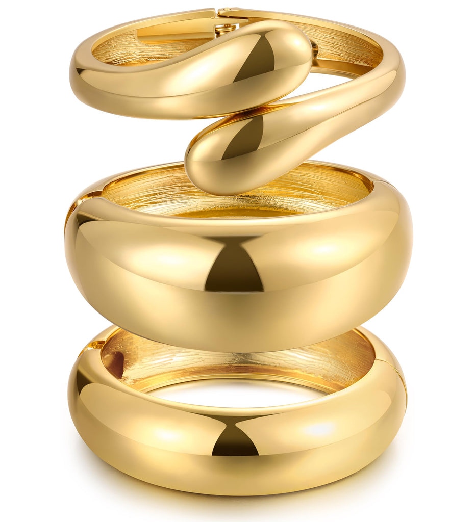 Chunky Gold Bangle Bracelets for Women, Dainty 14k Gold Plated Big Stackable Bangles Set, Trendy Statement Cuff Bracelet Stack Fashion Jewelry Gifts