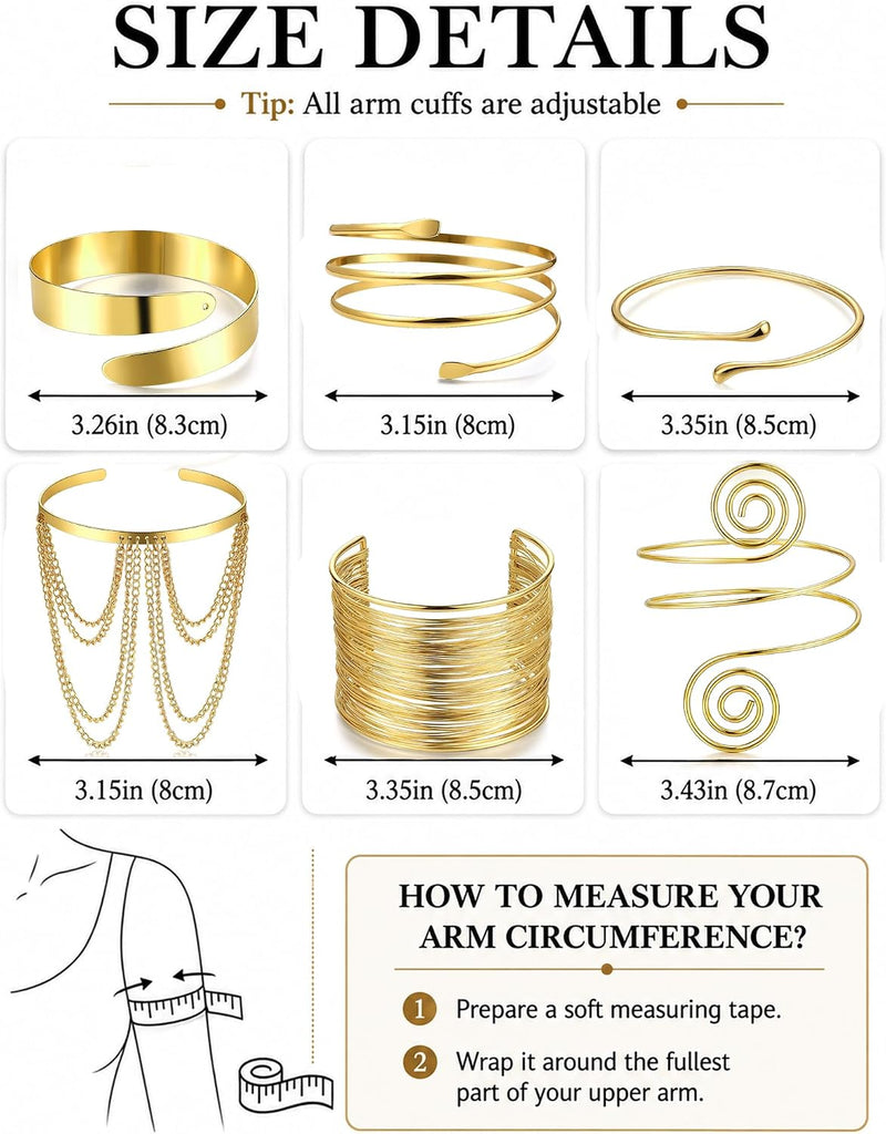 Gold Arm Cuff Set — 6 Pieces, Adjustable Upper Arm Bangles