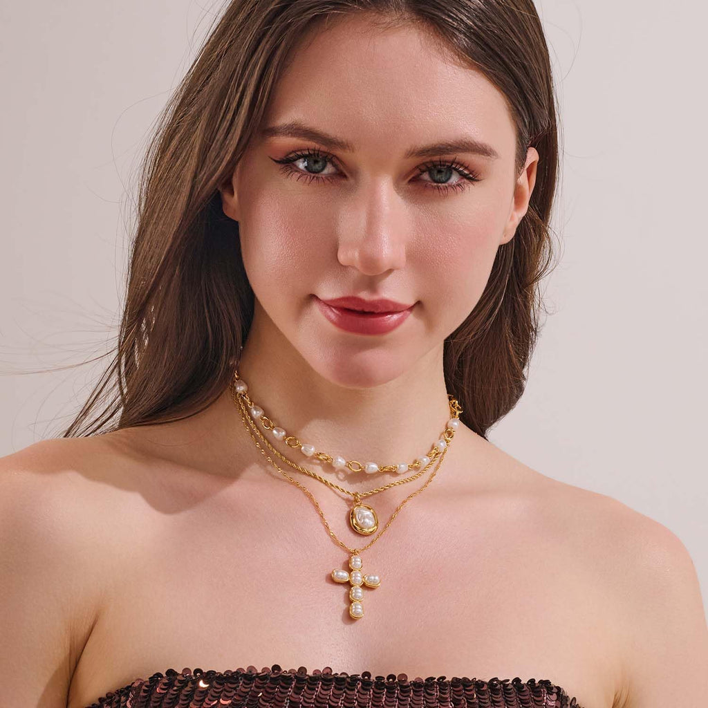 Gold Layered Cross Necklace for Women Pearl Multi Strand – alternate view