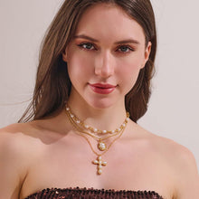 将图片加载到图库查看器，Gold Layered Cross Necklace for Women Pearl Multi Strand – alternate view