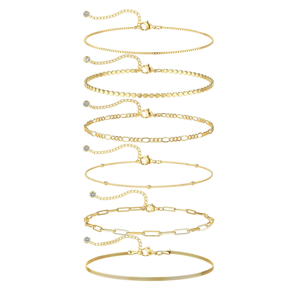 Gold Bracelets Set for Women Waterproof, Non Tarnish 14K Gold Plated Tennis Beaded Figaro Herringbone Paperclip Link Chains,
