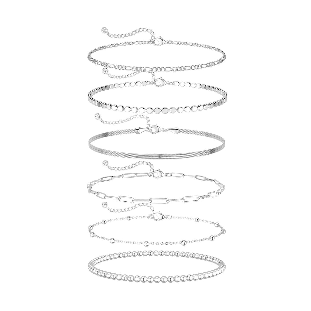 Gold Bracelets Set for Women Waterproof, Non Tarnish 14K Gold Plated Tennis Beaded Figaro Herringbone Paperclip Link Chains,