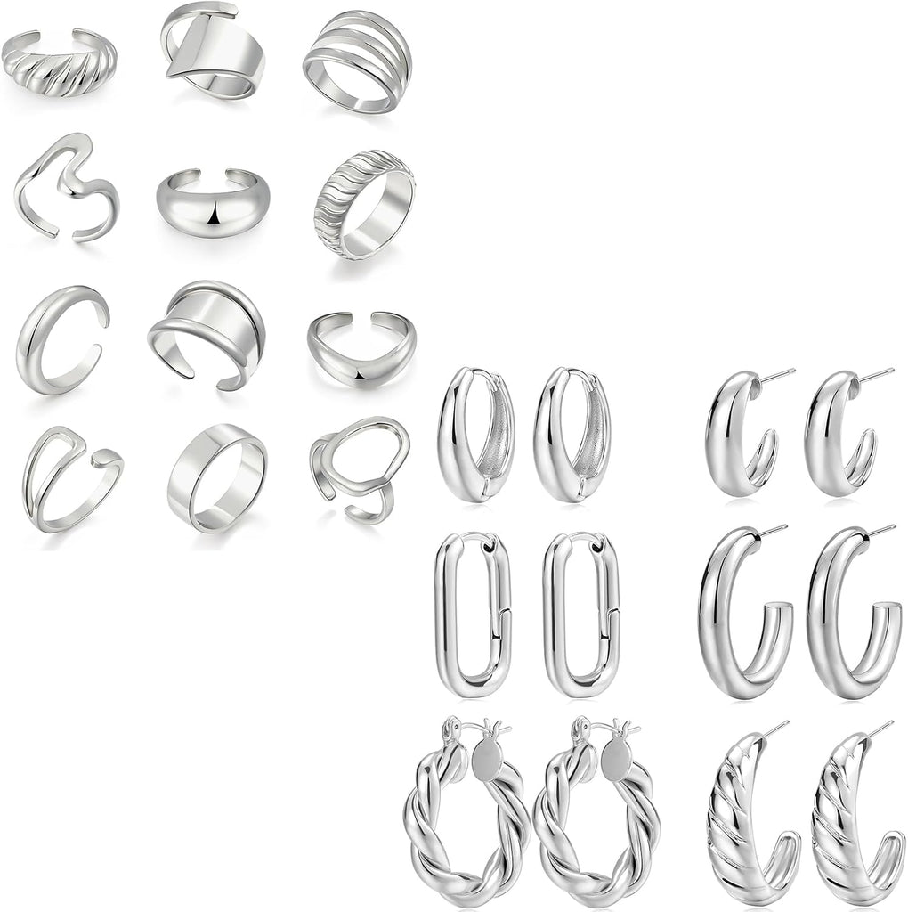 Silver Hoop Earrings & Chunky Rings — 18 Piece Set