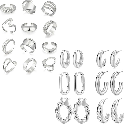 Silver Hoop Earrings & Chunky Rings — 18 Piece Set