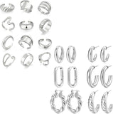 Silver Hoop Earrings & Chunky Rings — 18 Piece Set