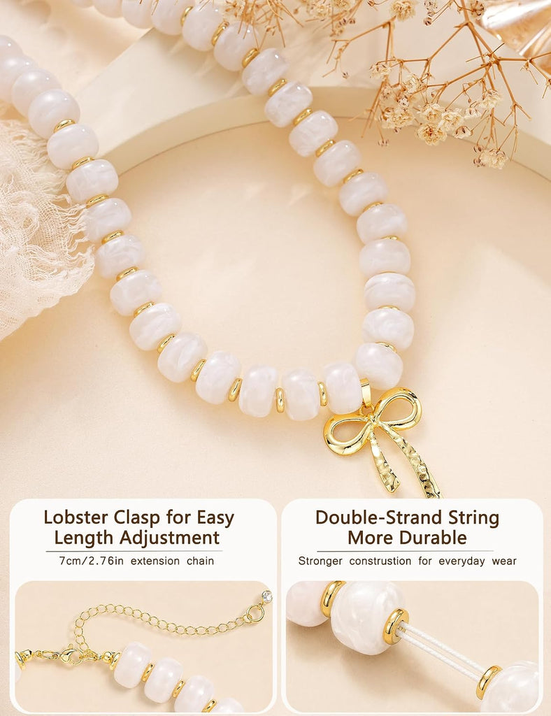 Chunky Beaded Necklace for Women, Colorful Resin Bow Pendant Choker – view 6
