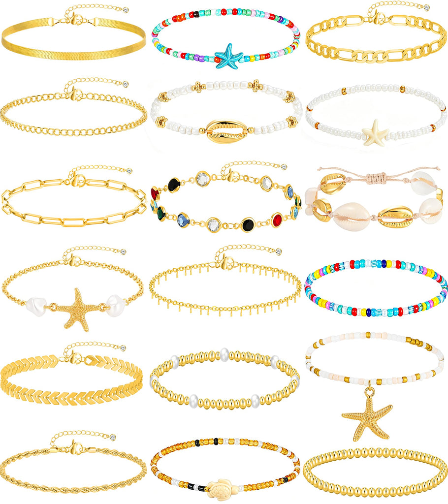 21PCS Gold Anklet Set for Women, Adjustable Layered Ankle Jewelry